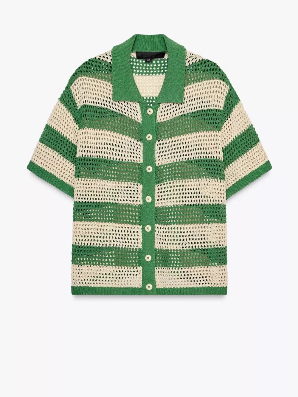 Zara Open-Knit Striped Polo Cardigan in Green and Cream